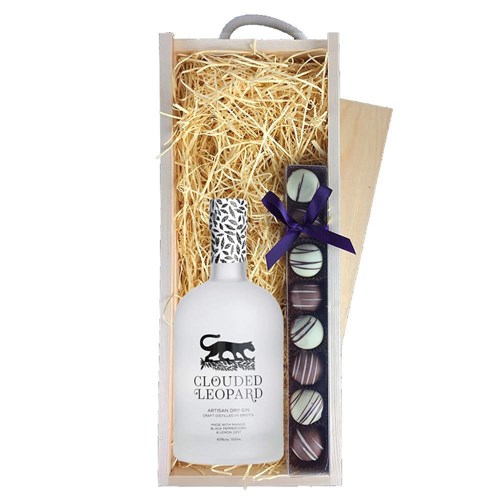 Clouded Leopard Artisan Dry Gin 50cl & Heart Truffles, Wooden Box